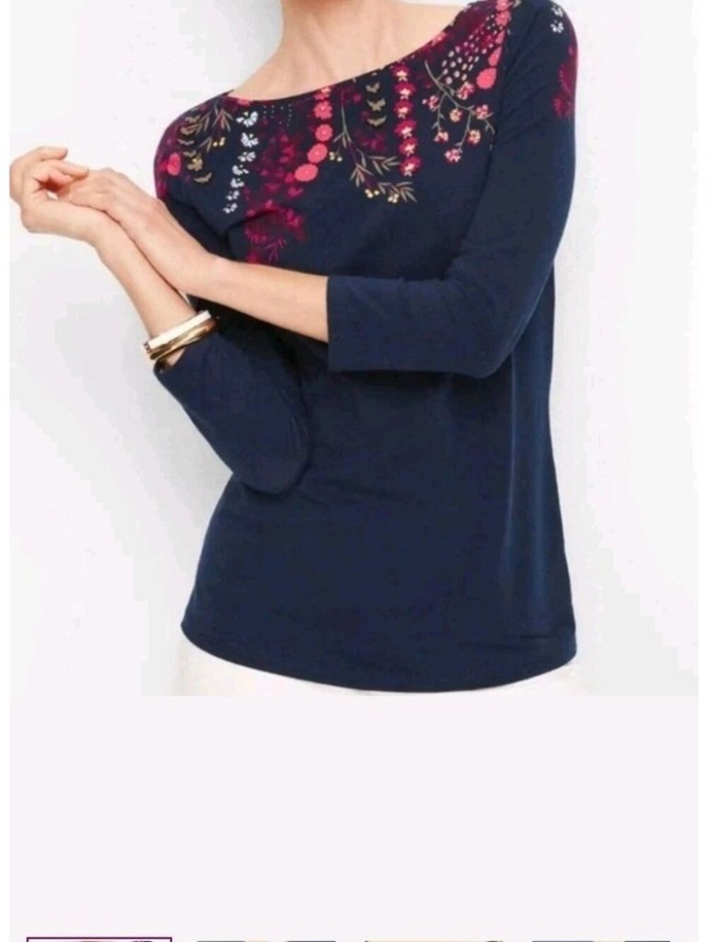 Talbots Bateau Neck Tee Navy Blue Floral Trim 3/4 Sleeves XL NWT